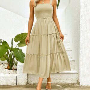 NEW Neutral Color Summer Shirred Cami Midi Maxi Tank Dress Ruffle Skirt (Small)